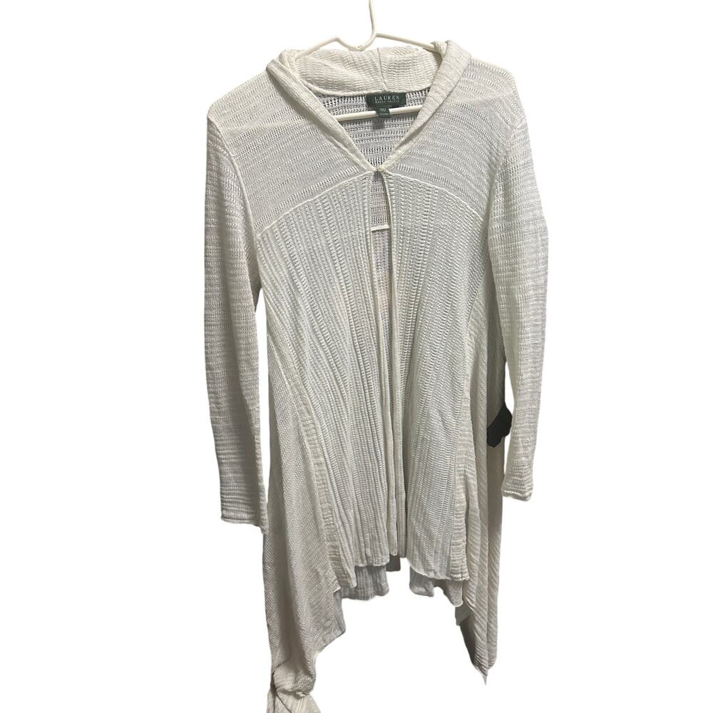 Lauren Ralph Lauren Ivory 100% Linen Knit Hooded Duster Cardigan Sweater Medium